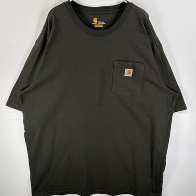 古着 カーハート Carhartt 半袖Tシャツ 肉厚 ワンポイント ロゴ 胸ポケ 2XL TALL カーキ 無地 メンズ