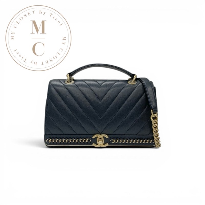 シャネル CHANEL バッグ ショルダーバッグ ネイビー ゴールド シェブロン ココマーク Vステッチ チェーン ターンロック ハンドバッグ 2WAY