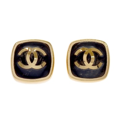 シャネル CHANEL CCスクエア スタッド L22B刻印 ピアス メタル ブラック ゴールド金具 レディース【中古】【ABランク】