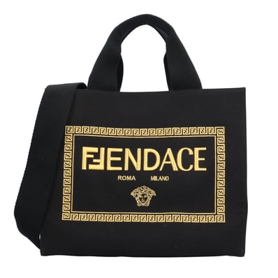フェンディ FENDACE ショッパーバッグ ミディアム トートバッグ キャンバス 8BH395 ブラック メンズ FENDI 中古