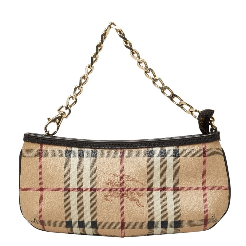 バーバリー ノバチェック シャドーホース チェーン ポーチ ハンドバッグ ベージュ ブラウン PVC レザー レディース BURBERRY 【中古】