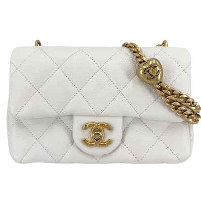 CHANEL シャネル ショルダーバッグ ミニフラップバッグ チェーンショルダー ターンロック 肩掛け 斜め掛け ハート ココマーク キャビアスキン ホワイト 白 ゴールド金具 レディース【中古品】