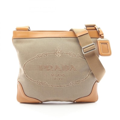 プラダ PRADA LOGO JACQUARD ロゴ ジャガード ショルダーバッグ バッグ キャンバス レザー レディース ベージュ系 / ブラウン系 【中古】