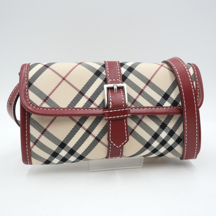 BURBERRY BLUE LABEL(バーバリーブルーレーベル)ノバチェック ショルダーバッグ ベージュ ボルドー キャンバス レザー レディース ZA471-510【中古】
