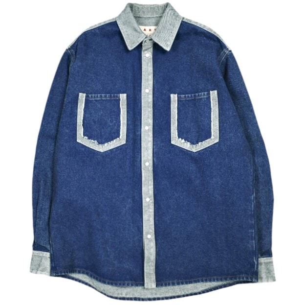 新品 MARNI マルニ 24AW イタリア製 ブルー ツートーンデニム製シャツ CAJD0601QS USCU83 38 Ocean(BDB60) 定価149,600円 オーバーサイズデニムシャツ トップス g24981