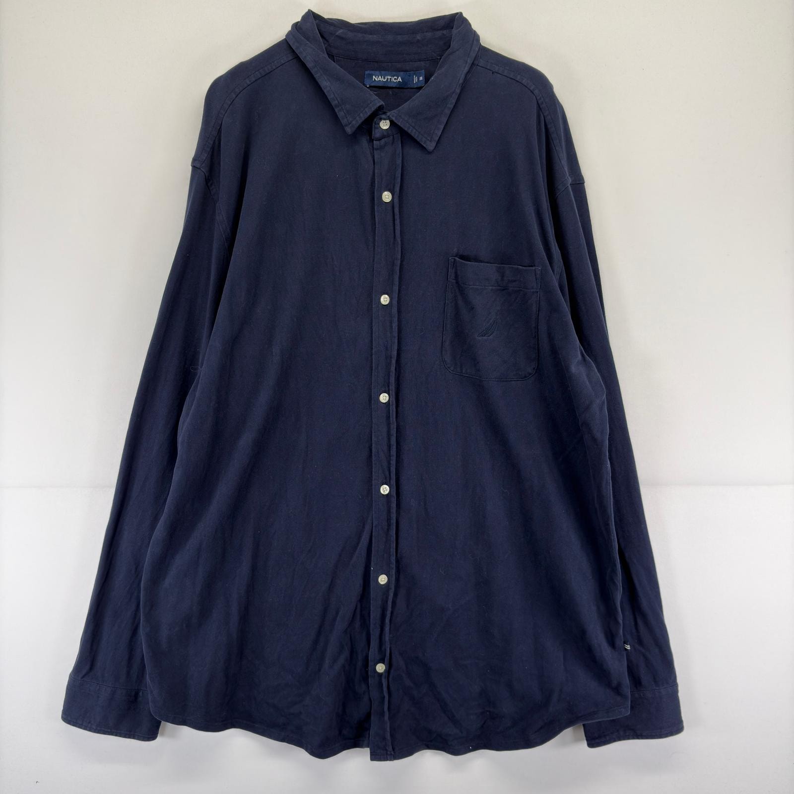 古着 ノーティカ NAUTICA コーデュロイ 長袖シャツ ワンポイント 胸ポケット 大きいサイズ 刺繍 ストレッチ 2XL  ダークネイビー メンズ