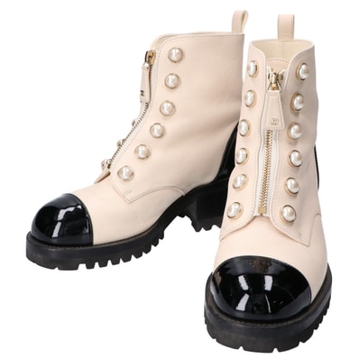 シャネル G45183 パール ココマーク パテントxレザー ショートブーツ 36C