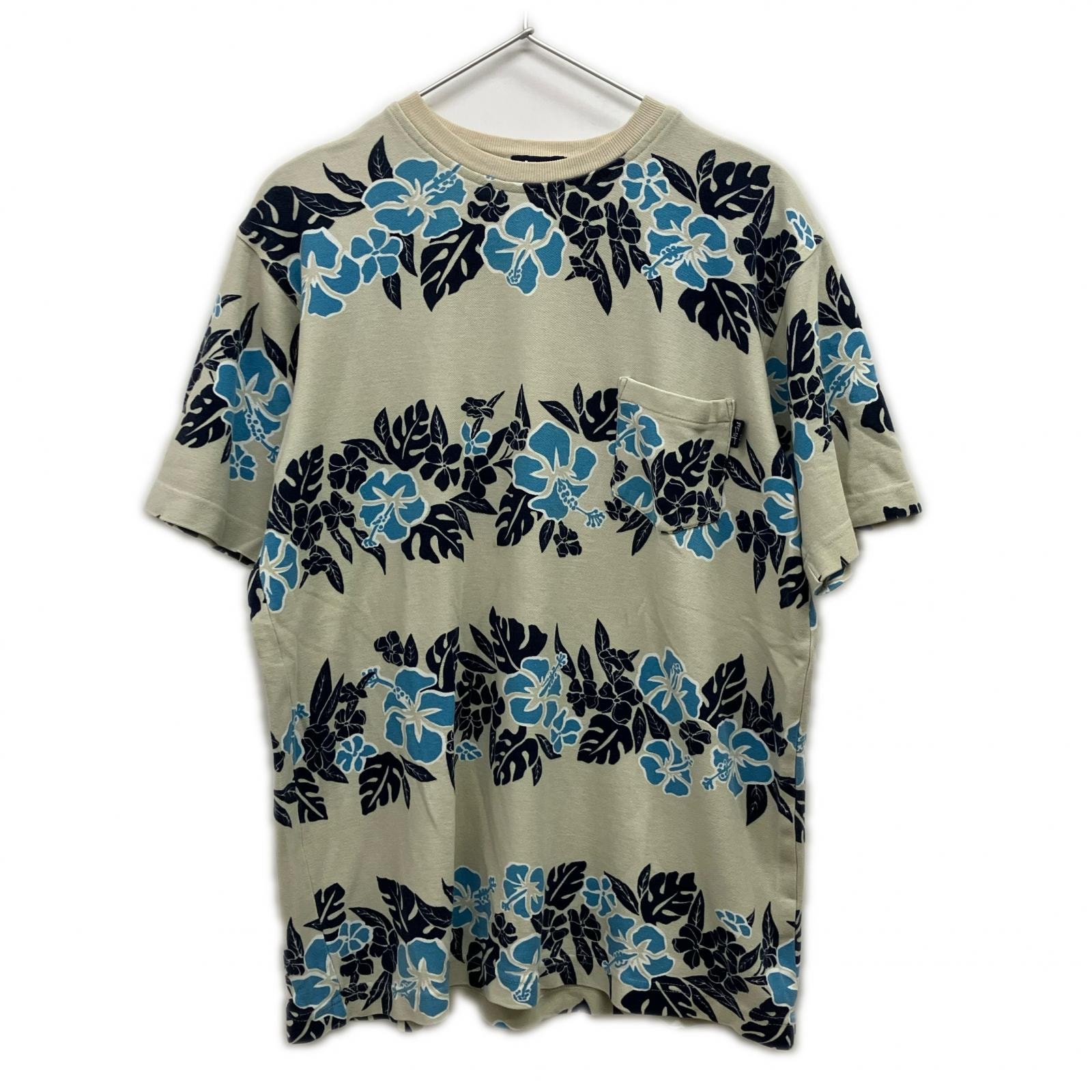 ステューシー 90's 紺タグ ブルー×ベージュ ボタニカル ハイビスカス コットン Tシャツ 表記なし