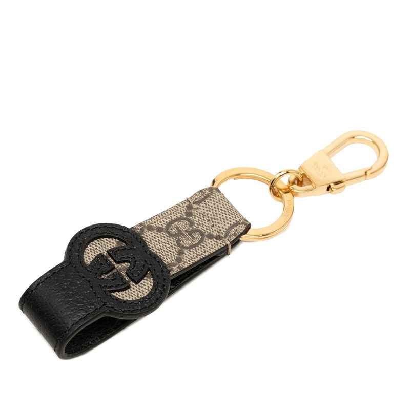 グッチ GGスプリーム インターロッキングG キーホルダー チャーム 701432 ベージュ ブラック PVC レザー レディース GUCCI 【中古】