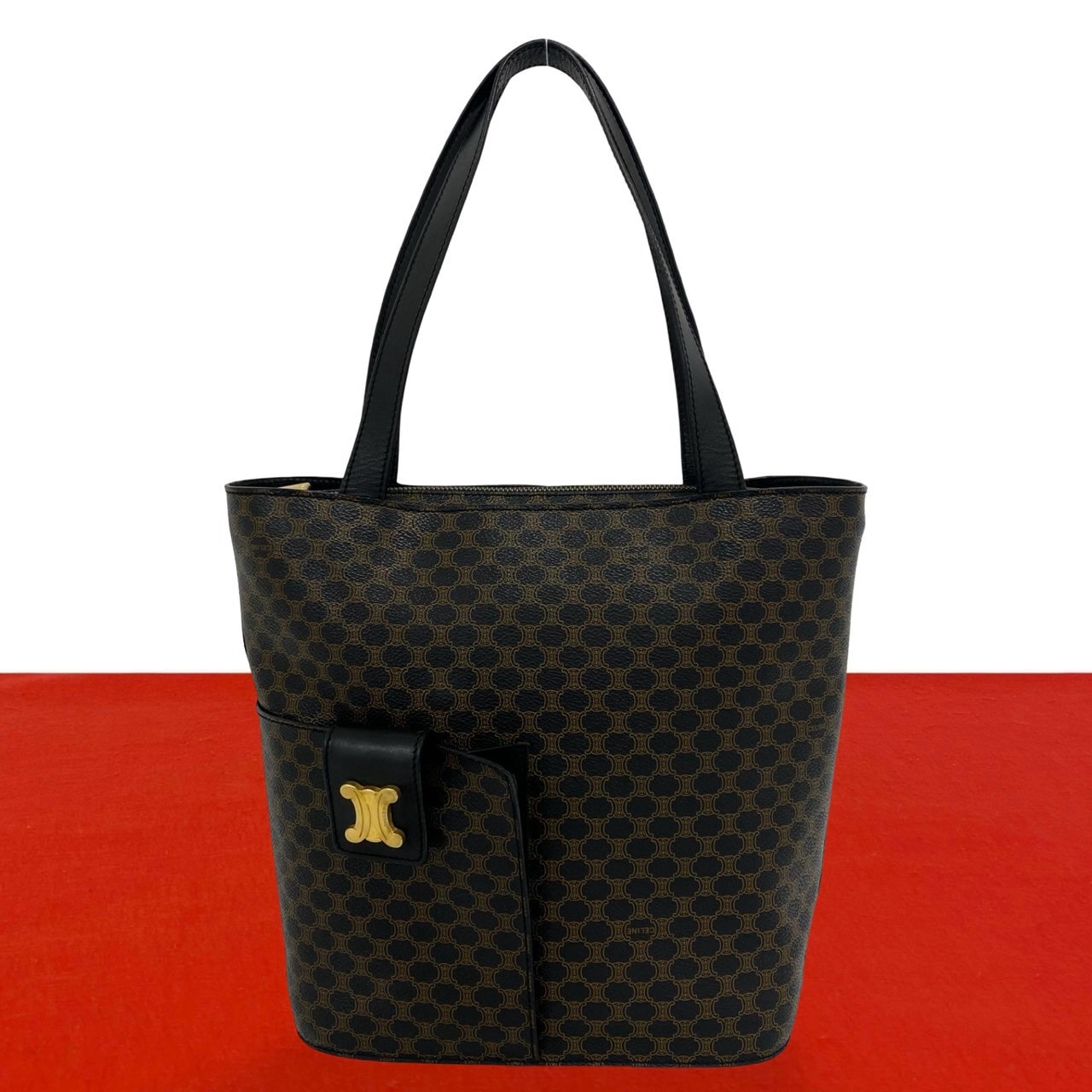 CELINE セリーヌ マカダム ブラゾン トリオンフ 柄 ロゴ 金具 レザー PVC トートバッグ ブラック
 06576
