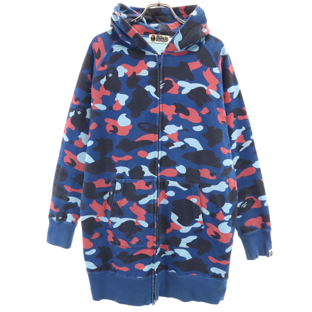 A BATHING APE アベイシングエイプ 日本製 カモフラ柄 長袖 スウェット ロング ジップパーカー S 青紺 迷彩