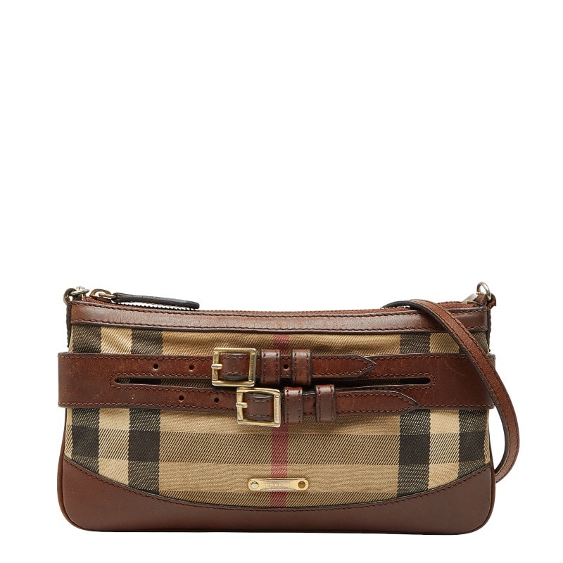 バーバリー ノバチェック ショルダーバッグ ブラウン ベージュ キャンバス レザー レディース BURBERRY 【中古】
