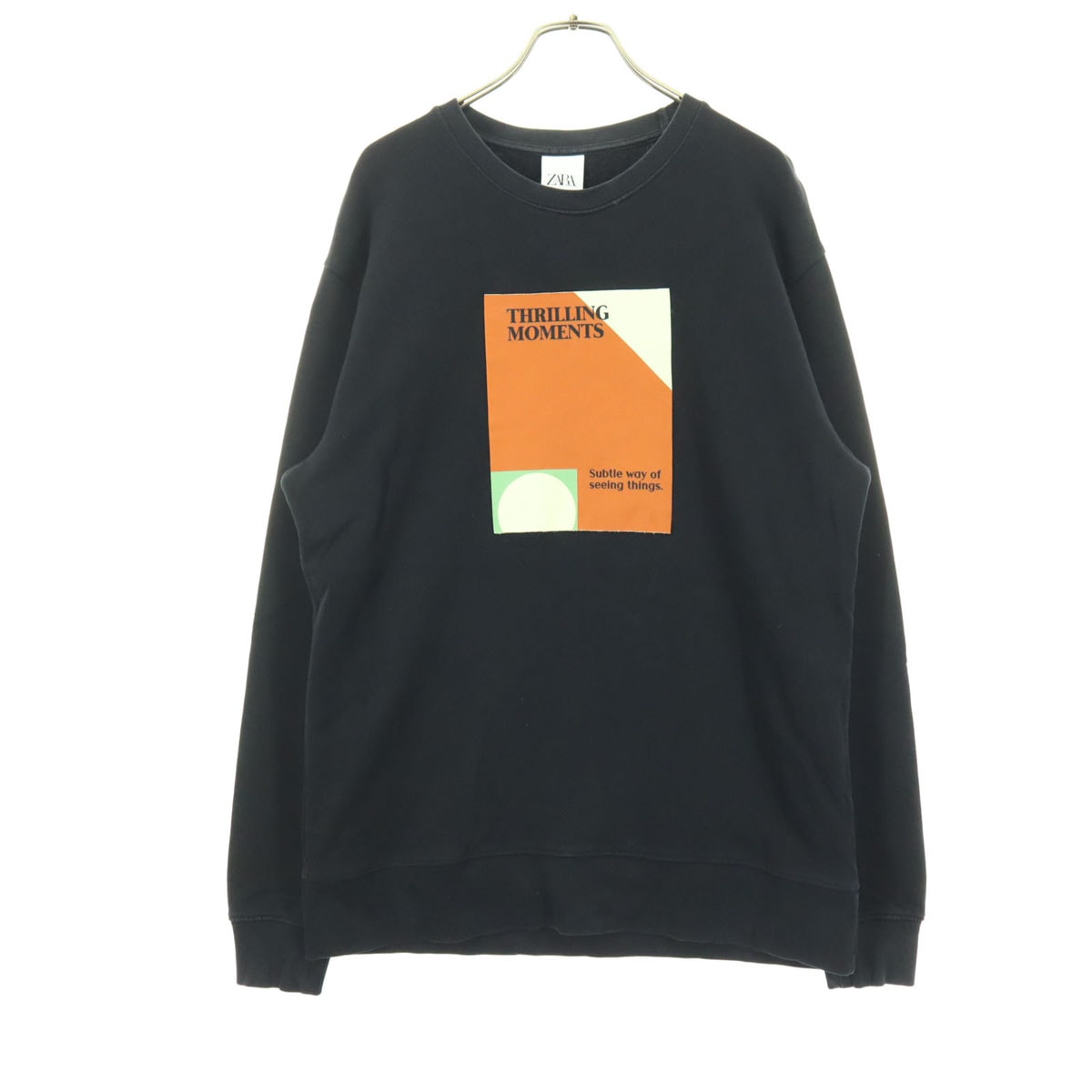 ZARA ザラ コットン フロントプリント 長袖 クルーネック スウェット トレーナー M ブラック