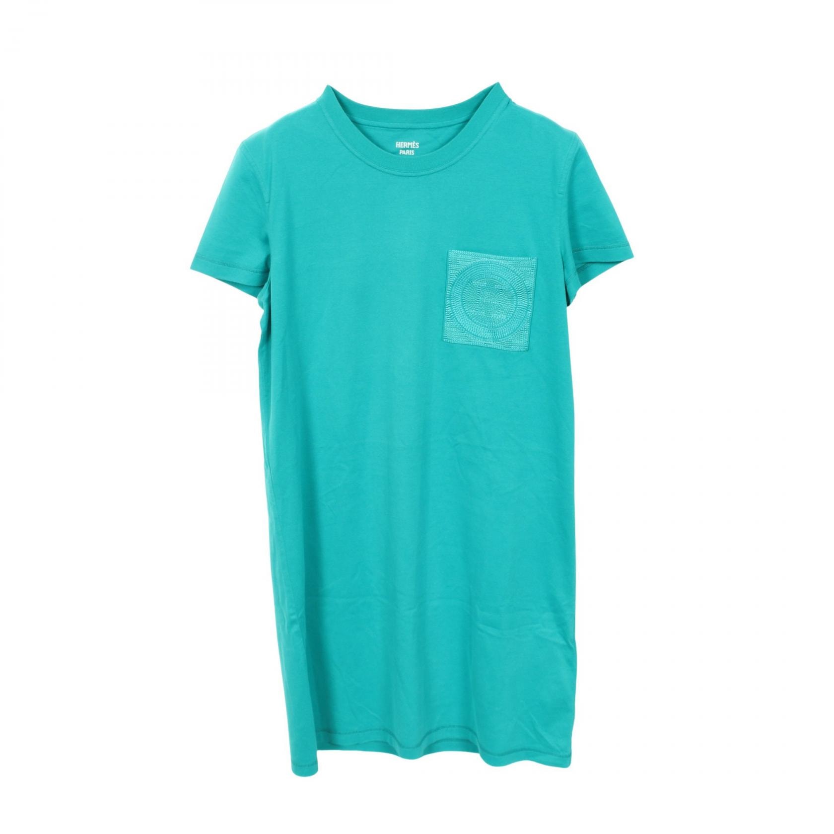 エルメス HERMES 刺繍ポケット付き Tシャツ ワンピース 衣料品 トップス コットン レディース グリーン系 4E4515DA 【中古】