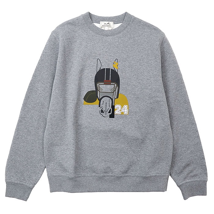 【極美品】HERMES エルメス スウェット メンズ サイズ M フットボールホース24 コットン100% プルオーバー フリース クルーネック ロングスリーブ 丸首 長袖 トップス グレー 灰色 イタリア製