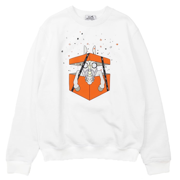 【美品】HERMES エルメス スウェット サイズ M メンズ 24SS Boite Surprise ボワット・シュルプリーズ ホース プリント クルーネック フリース トレーナー 長袖 ロングスリーブ トップス タグ付属 ホワイト 白 イタリア製