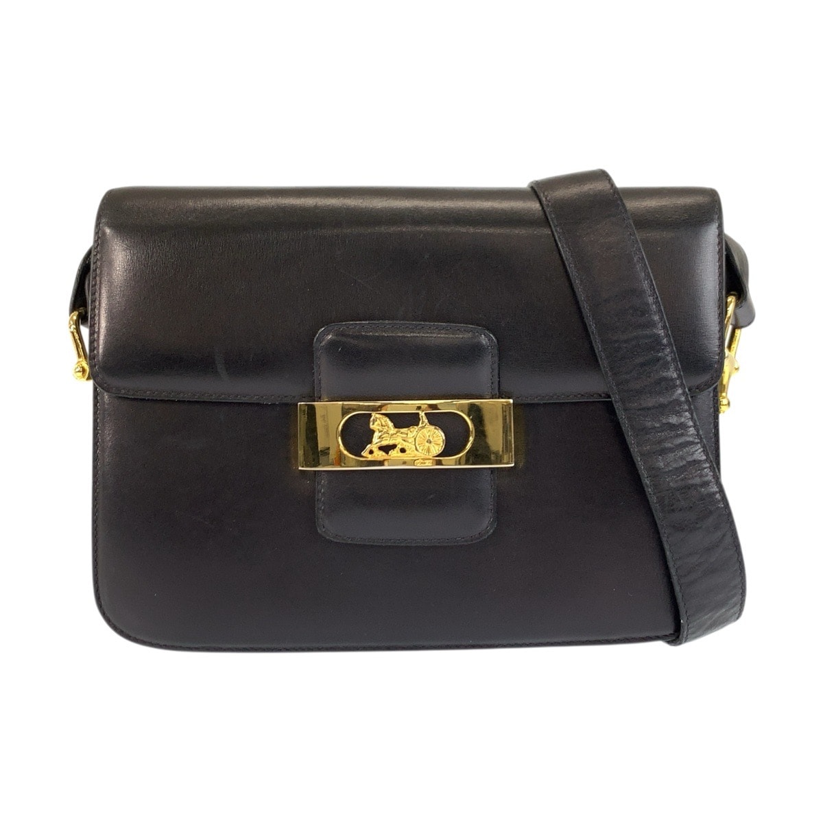 美品 CELINE セリーヌ ヴィンテージ 馬車金具 ブラック 黒 ゴールド金具 レザー ショルダーバッグ 601573 【中古】