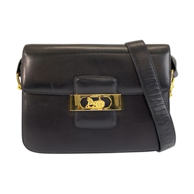 美品 CELINE セリーヌ ヴィンテージ 馬車金具 ブラック 黒 ゴールド金具 レザー ショルダーバッグ 601573 【中古】