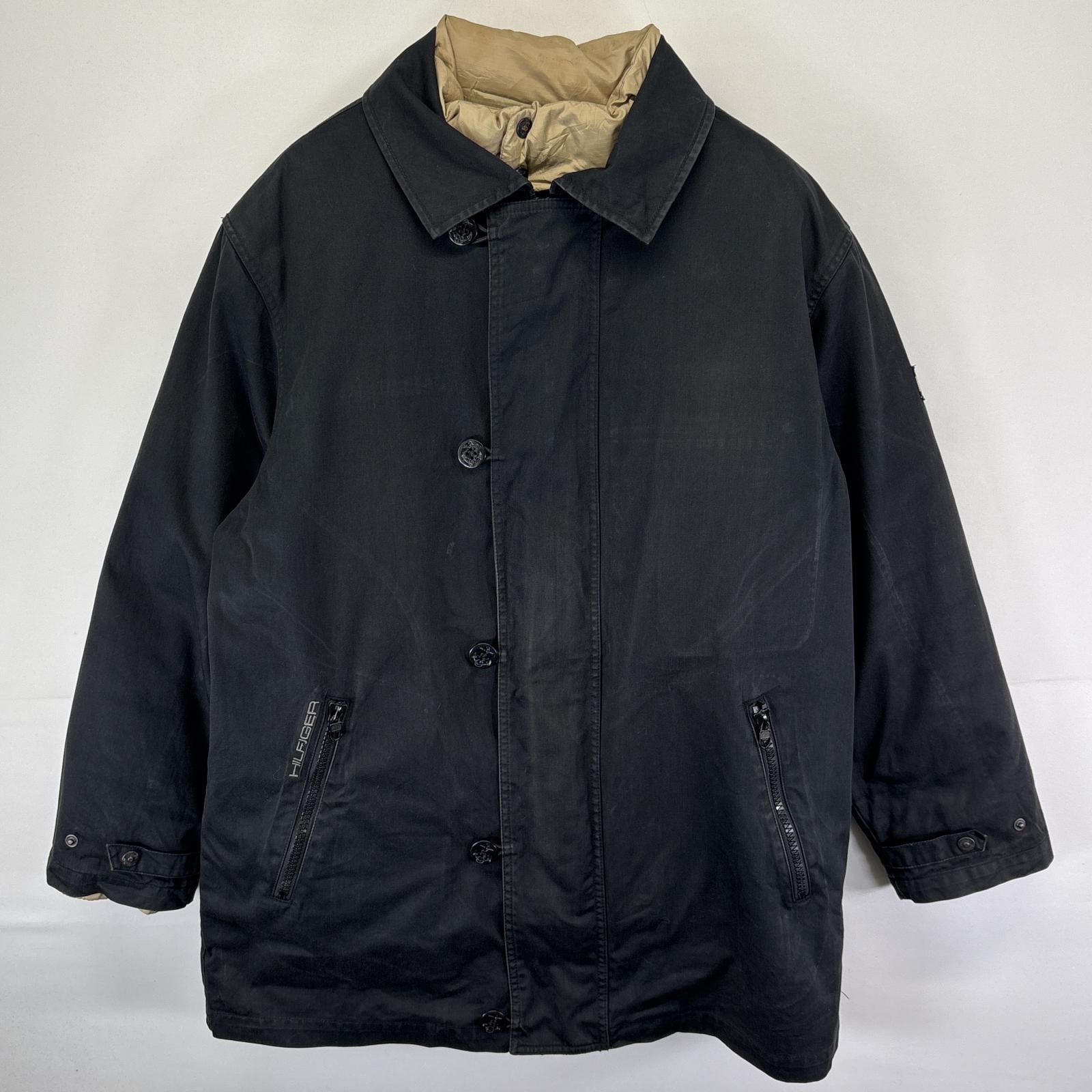 古着 トミーヒルフィガー TOMMY HILFIGER コットンジャケット ピーコート風 ワンポイントロゴ刺繍 ライナーダウン付き M  ブラック メンズ