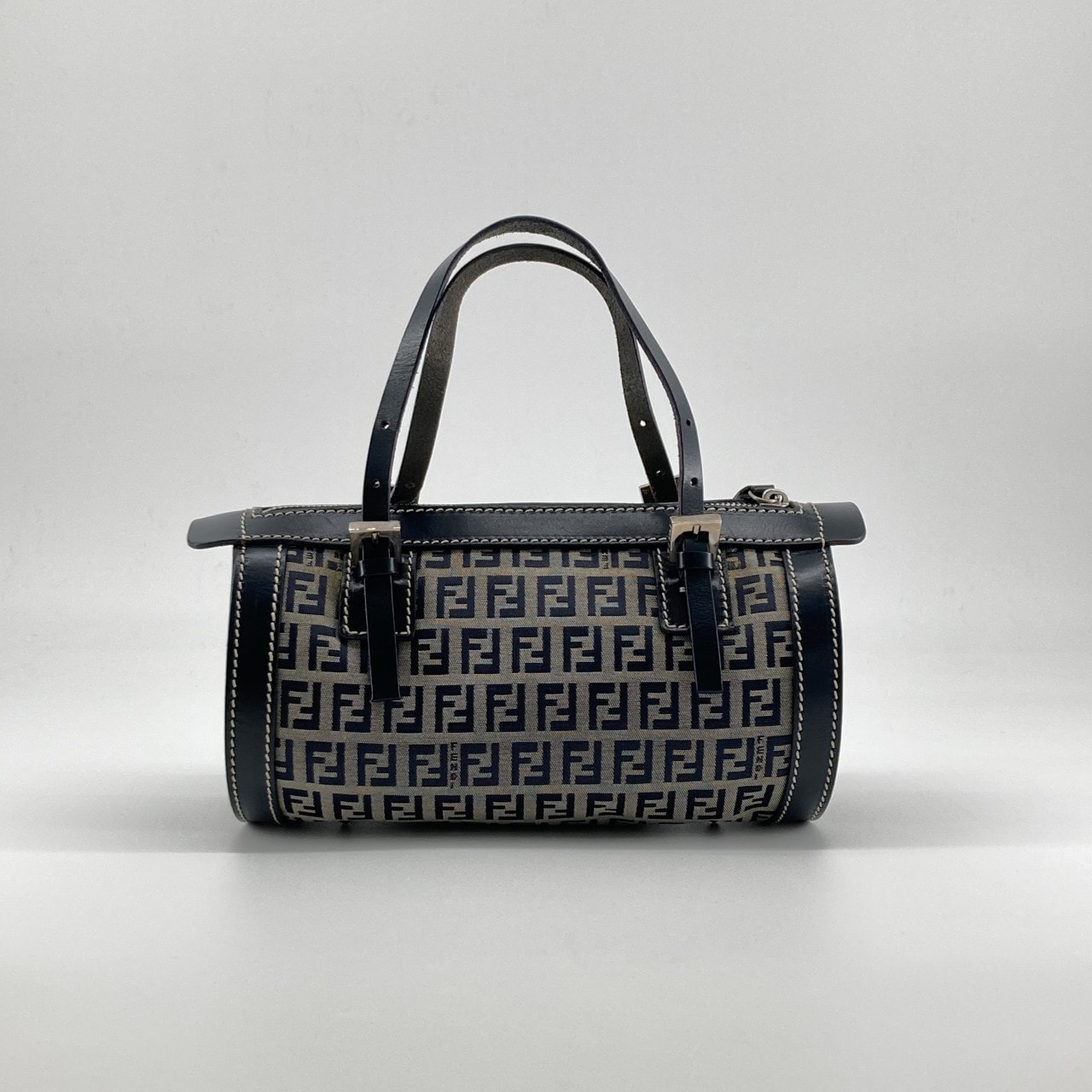 FENDI(フェンディ) FFロゴスッキーノ キャンバス×レザー ヴィンテージ シリンダー型 ミニボストンバッグ ネイビー×ベージュ