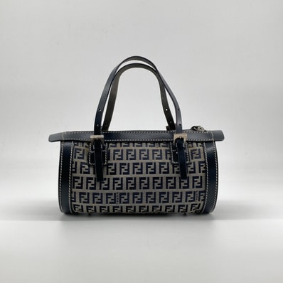 FENDI(フェンディ) FFロゴスッキーノ キャンバス×レザー ヴィンテージ シリンダー型 ミニボストンバッグ ネイビー×ベージュ