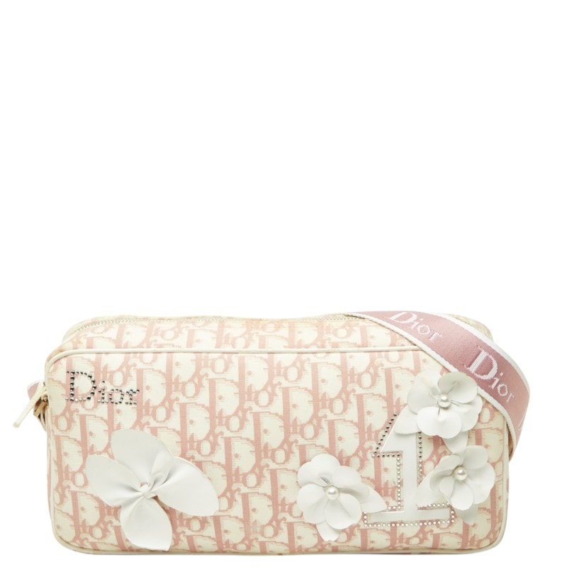 ディオール トロッター No.1 フラワー 斜め掛け ショルダーバッグ ピンク ホワイト キャンバス レディース Dior 中古