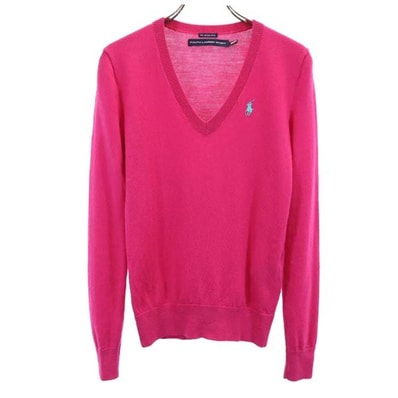 RALPH LAUREN SPORT ラルフローレン スポーツ ウール 長袖 Vネック ニット XS ピンク セーター ロゴ刺繍