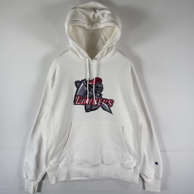 古着 チャンピオン Champion パーカー リバースウィーブ プルオーバー フーディ スウェット デザインプリント MEDIUM ホワイト メンズ