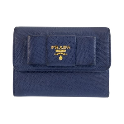 PRADA プラダ サフィアーノ フィオッコ リボン ネイビー ゴールド金具 レザー 折り財布 コンパクトウォレット 601922 【中古】