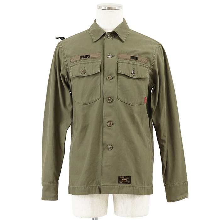 【SALE】WTAPS ダブルタップス ミリタリーシャツ サイズ 2 メンズ BUDS バッズ シグネチャー ロゴ MIKE エンブロイダリー 刺繍パッチ コットンサテン ロングスリーブ 長袖 ジャケット トップス アウター カーキ 日本製
