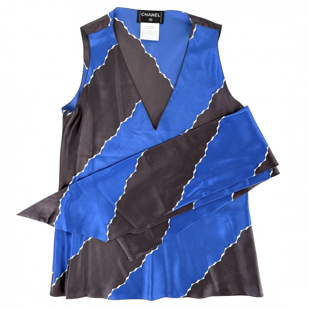 CHANEL シャネル タンクトップ スカーフセット ノースリーブ トップス アパレル 服 34 ブルー 青 グレー シルク  スパンデックス   レディース 春 夏【中古品】