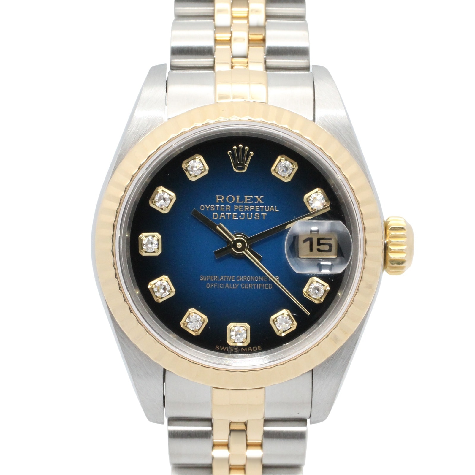 ロレックス ROLEX デイトジャスト 10Pダイヤ K番 腕時計 時計 K18(イエローゴールド) ステンレススチール ダイヤモンド レディース ブルー系 ブルーグラデーション/新ダイヤ 79173G 【中古】