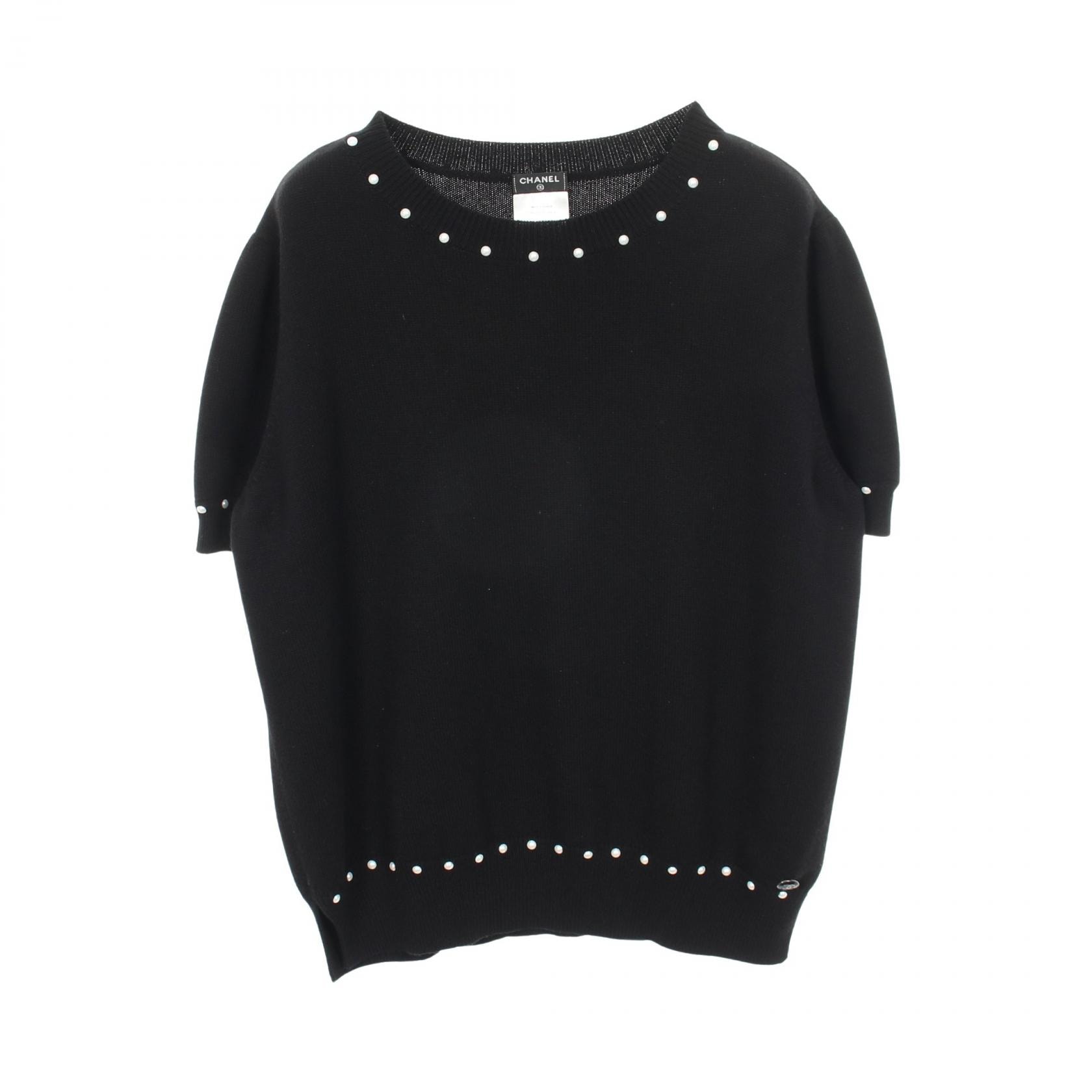 샤넬 CHANEL 코코 마크 버튼 반팔 니트 의류 탑 코튼 캐시미어 여성 블랙 P53611K06956 [중고]