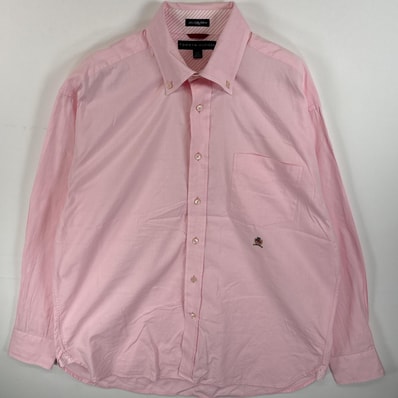 古着 トミーヒルフィガー TOMMY HILFIGER 長袖シャツ ボタンダウンシャツ ワンポイント 刺繍 ロゴ 胸ポケ L ピンク 無地 メンズ
