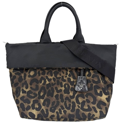 PRADA プラダ 2WAY レオパード ヒョウ柄 ハンド ショルダー 肩掛け 斜め掛け トートバッグ B4521V ナイロン ブラック 黒 カーキ シルバー金具 レディース【中古品】