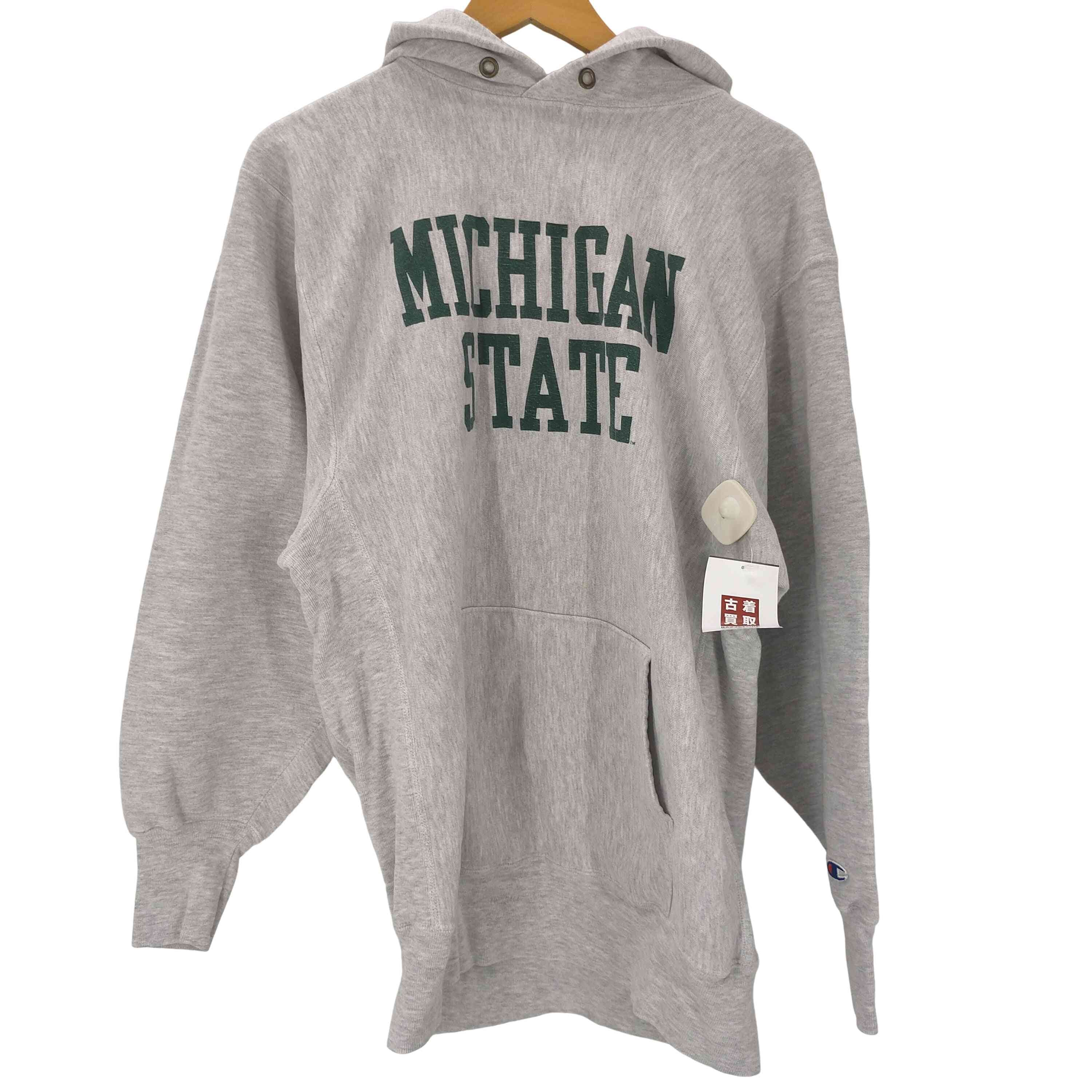 90S USA製 刺繍タグ ポリ 8% レーヨン 3% REVERSE WEAVE MICHIGAN STATE 2段 プリント プルオーバー パーカー【1142129338769】