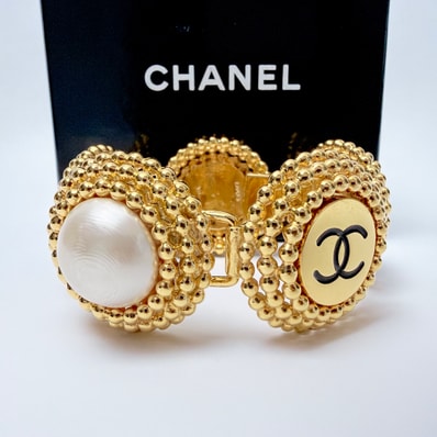CHANEL シャネル ココマーク フェイクパール ブレスレット ゴールド ホワイト ブラック ヴィンテージ アクセサリー GP 極美品 レディース メンズ