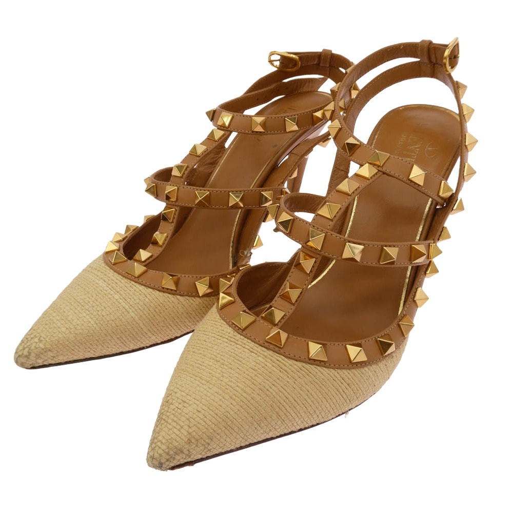 VALENTINO ヴァレンティノ パンプス ロックスタッズ ヒール パンプス シューズ ライトブラウン系 ベージュ系 37.5【中古】