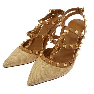 VALENTINO ヴァレンティノ パンプス ロックスタッズ ヒール パンプス シューズ ライトブラウン系 ベージュ系 37.5【中古】