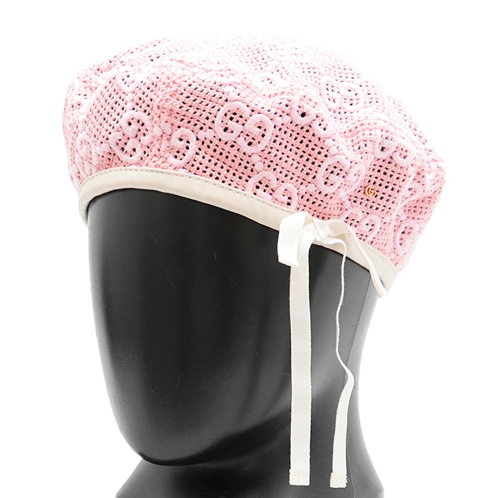 美品 グッチ ベレー GG モノグラム エンブロイダリー 刺繍 リボン レザートリム 帽子 レディース ピンク アイボリー S GUCCI