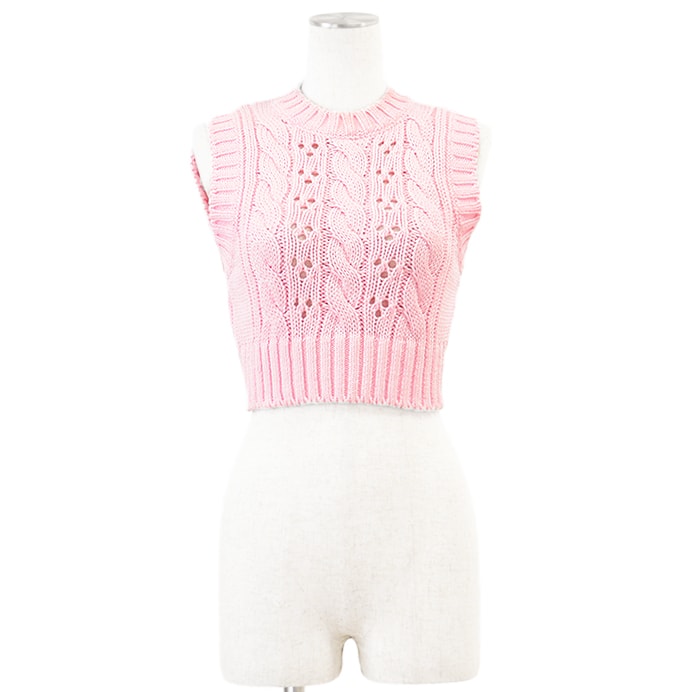 PRADA プラダ クロップドニットベスト 2022年製 コットン100% ローゲージ ケーブル シグネチャー トライアングル 三角 パッチ ショートレングス 短丈 トップス レディース サイズ 36 ライトピンク イタリア製