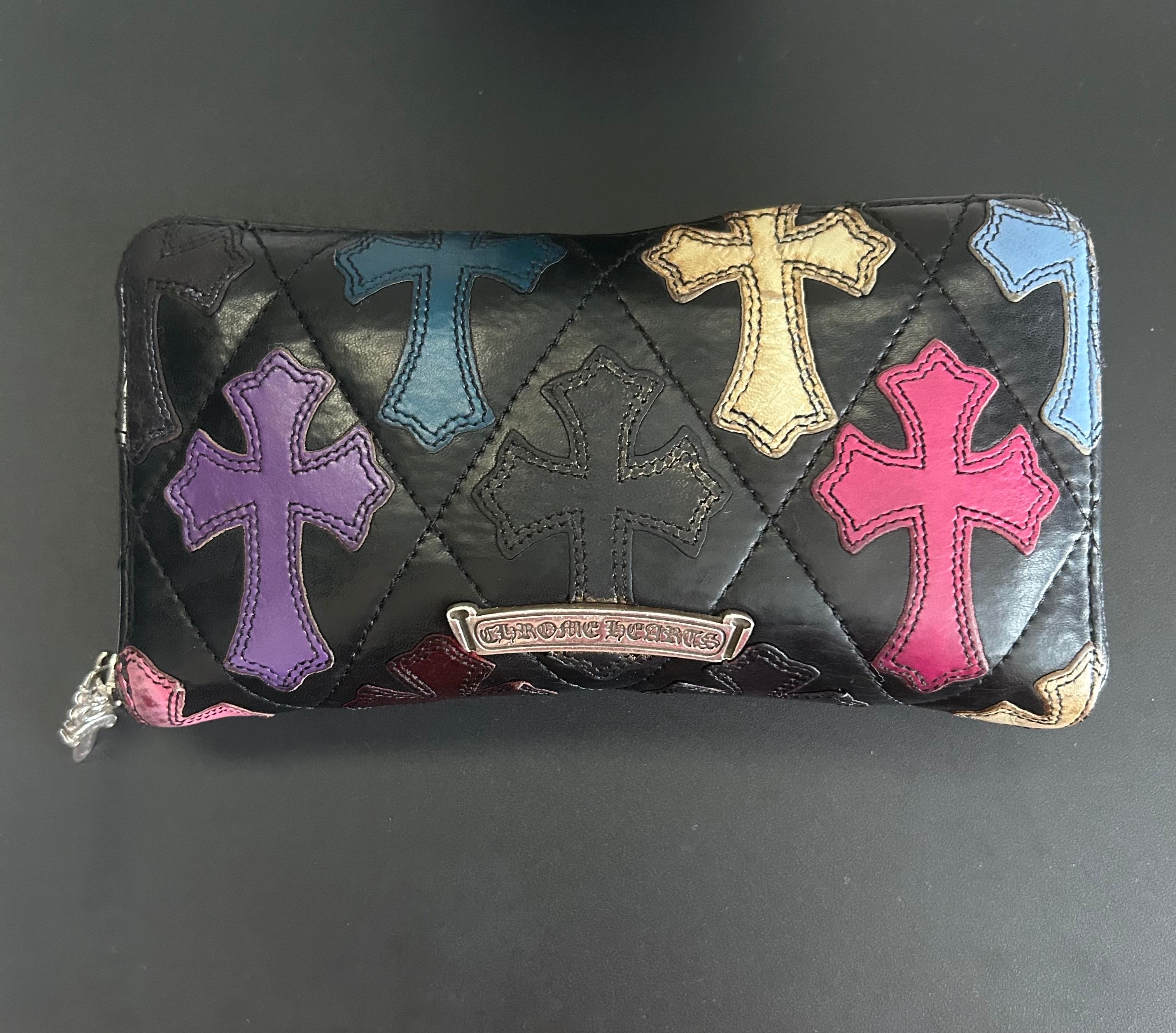 Chrome Hearts REC F Zip Quilted Cross Patch Leather Wallet "Black/Red/Blue"