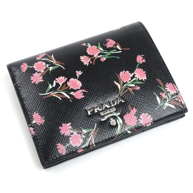 PRADA プラダ サフィアーノ フラワーブーケ 二つ折り財布 ブラック 1MV204 レディース【中古】
