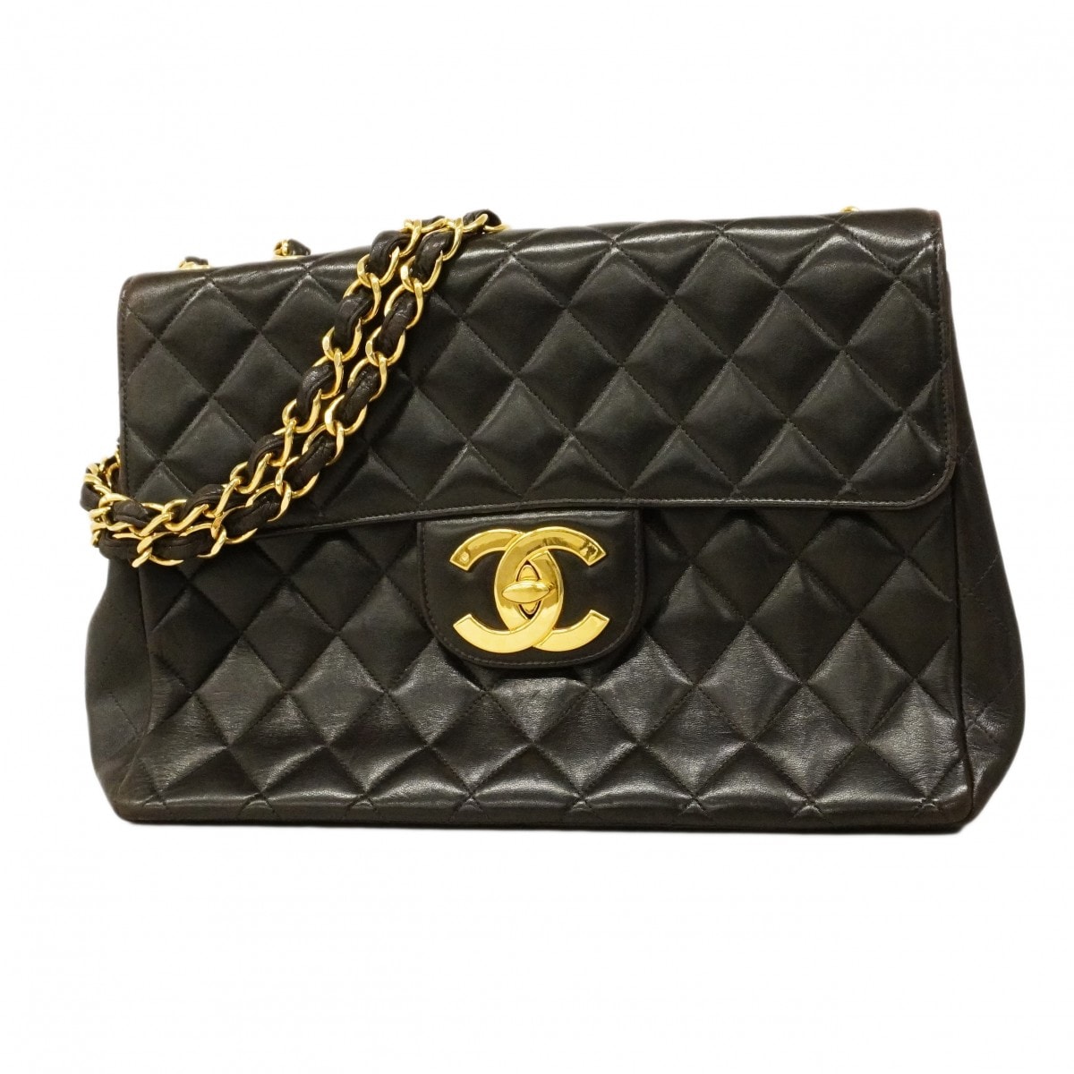 【6cc4241】シャネル ショルダーバッグ デカマトラッセ Wチェーン ラムスキン ブラック ゴールド金具【中古】レディース