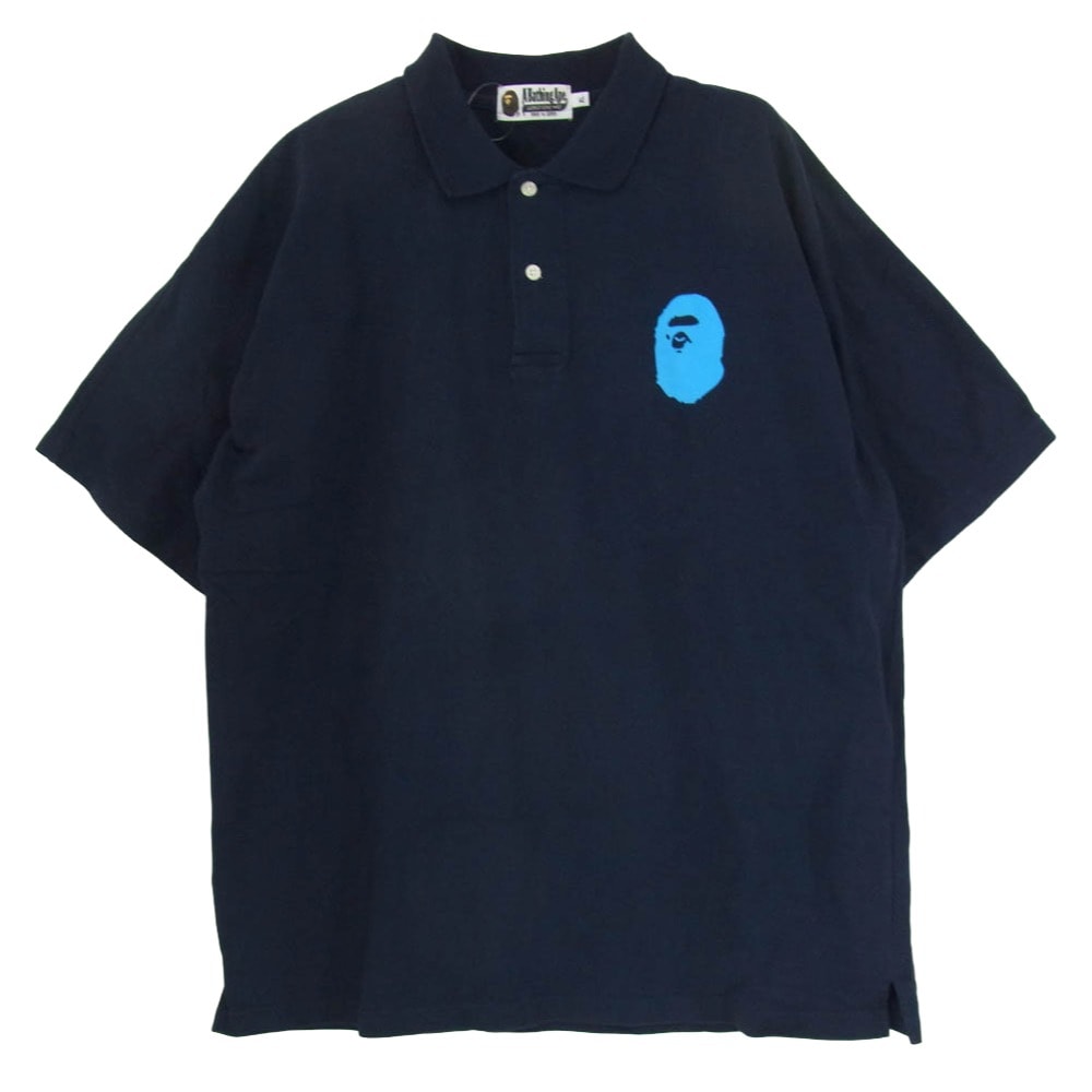 A BATHING APE アベイシングエイプ ポロシャツ ビッグフェイスプリント バックロゴ 半袖 ポロシャツ ネイビー系 XL【中古】