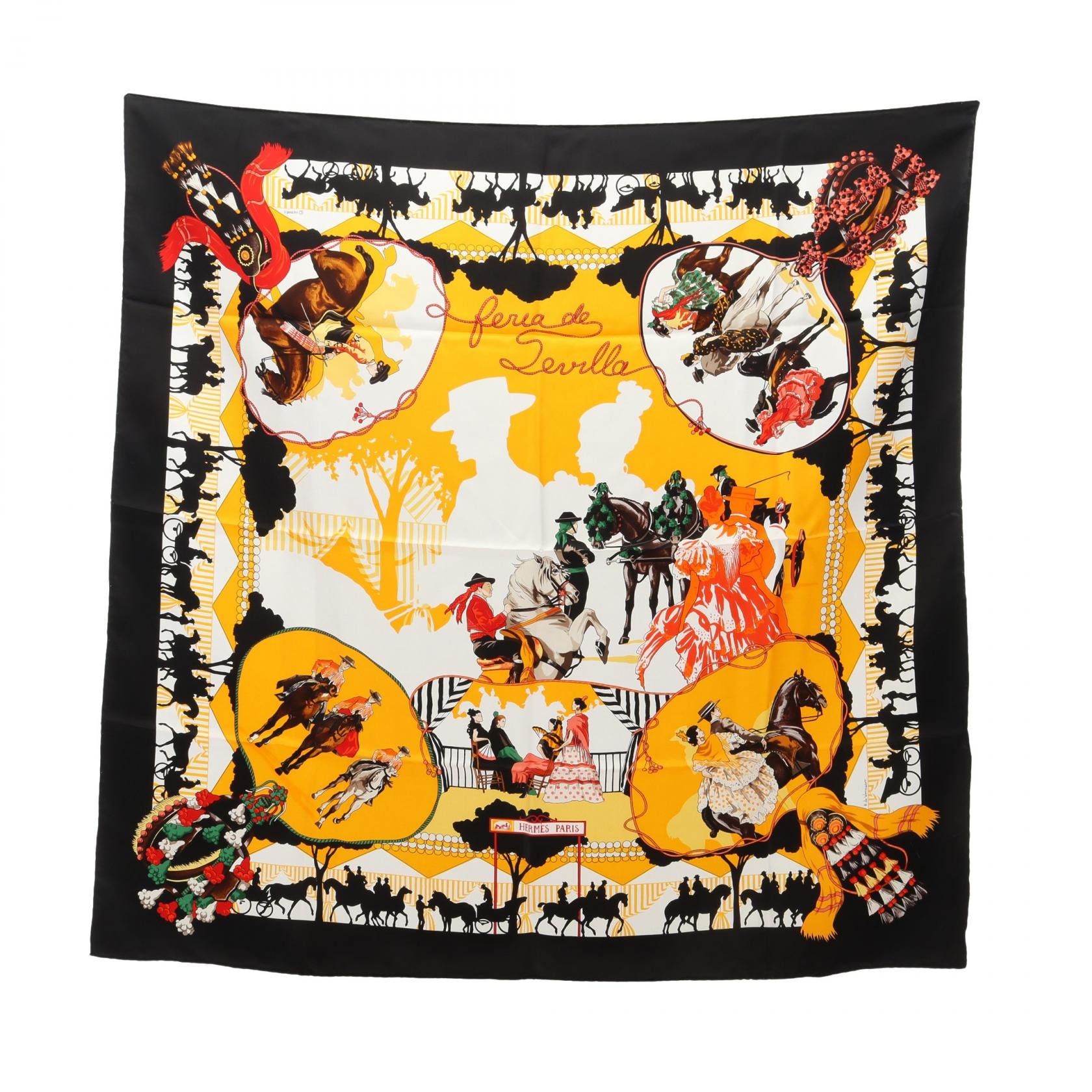 エルメス HERMES カレ90 Feria de Sevilla スカーフ 衣料品 シルク シルク レディース イエロー系 / ブラック系 / マルチカラー 【中古】