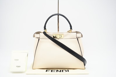 美品 FENDI フェンディ パイソン レザー モンスター ピーカブー レギュラー 2WAYハンドバッグ 8BN290 2wayショルダーバッグ クリーム ブラック パイソン レザー レディース