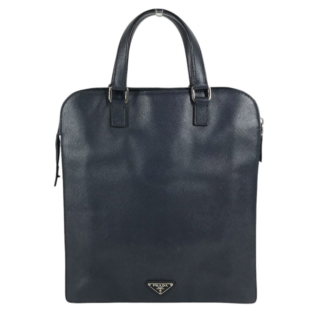 プラダ PRADA トライアングルロゴ 三角ロゴ プレート ハンドバッグ カバン 縦長 ビジネスバッグ サフィアーノレザ- ブルー