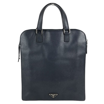 プラダ PRADA トライアングルロゴ 三角ロゴ プレート ハンドバッグ カバン 縦長 ビジネスバッグ サフィアーノレザ- ブルー
