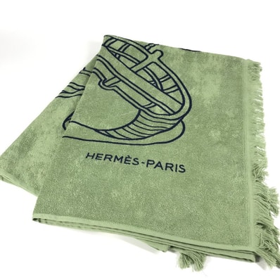 エルメス HERMES ヨッティング プラージュ テレサ DRAP DE PLAGE YACHTING THALASSA バスタオル インテリア ひざかけ ブランケット フリンジ タオル コットン グリーン